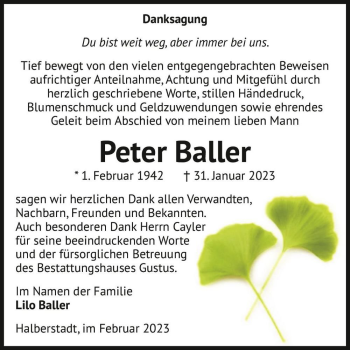 Traueranzeige von Peter Baller  von Magdeburger Volksstimme