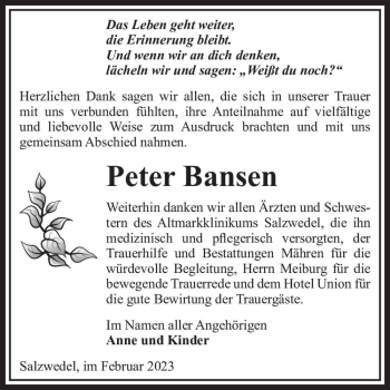 Traueranzeige von Peter Bansen  von Magdeburger Volksstimme
