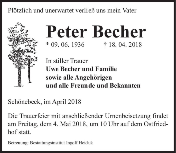 Traueranzeige von Peter Becher  von Magdeburger Volksstimme
