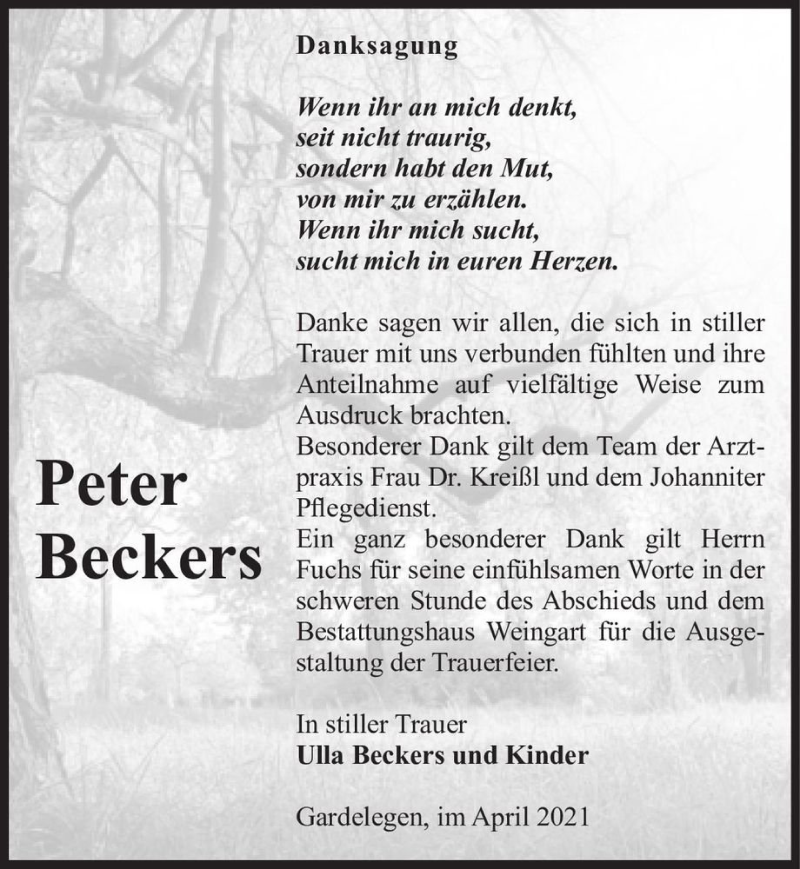  Traueranzeige für Peter Beckers  vom 14.04.2021 aus Magdeburger Volksstimme