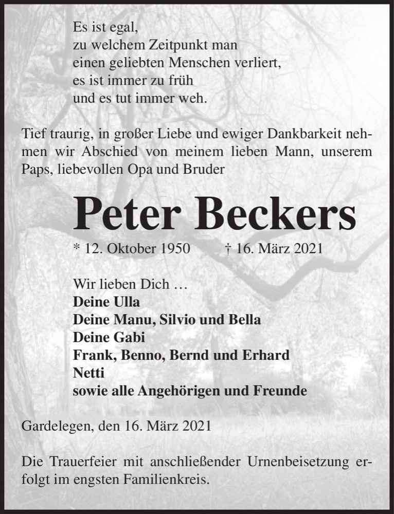  Traueranzeige für Peter Beckers  vom 20.03.2021 aus Magdeburger Volksstimme