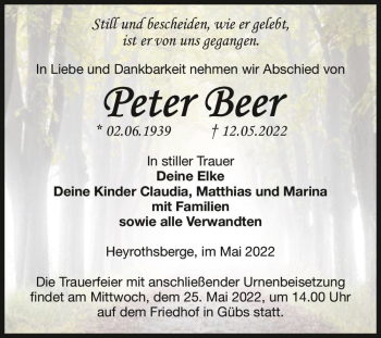 Traueranzeige von Peter Beer  von Magdeburger Volksstimme