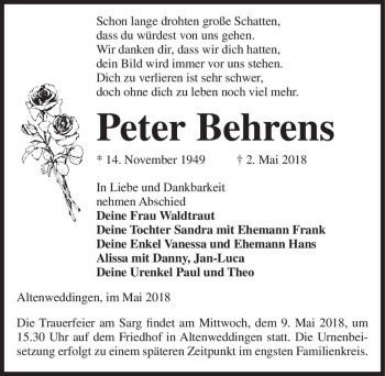 Traueranzeige von Peter Behrens  von Magdeburger Volksstimme