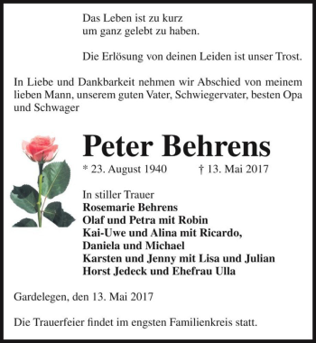 Traueranzeige von Peter Behrens  von Magdeburger Volksstimme