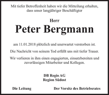 Traueranzeige von Peter Bergmann  von Magdeburger Volksstimme