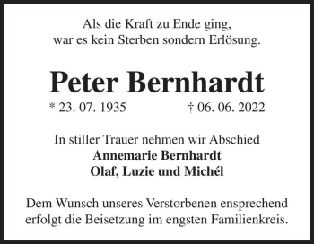 Traueranzeige von Peter Bernhardt  von Magdeburger Volksstimme