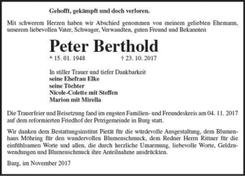 Traueranzeige von Peter Berthold  von Magdeburger Volksstimme