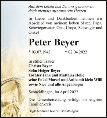Traueranzeige von Peter Beyer  von Magdeburger Volksstimme