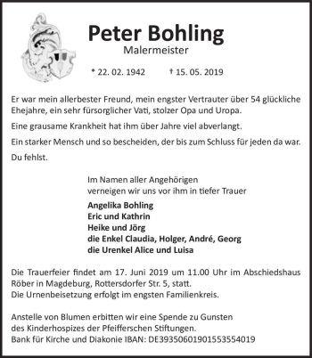 Traueranzeige von Peter Bohling  von Magdeburger Volksstimme