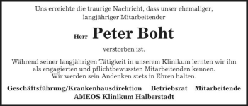 Traueranzeige von Peter Boht  von Magdeburger Volksstimme