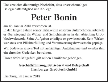 Traueranzeige von Peter Bonin  von Magdeburger Volksstimme