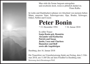 Traueranzeige von Peter Bonin  von Magdeburger Volksstimme