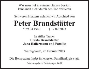 Traueranzeige von Peter Brandstätter  von Magdeburger Volksstimme