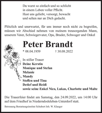 Traueranzeige von Peter Brandt  von Magdeburger Volksstimme