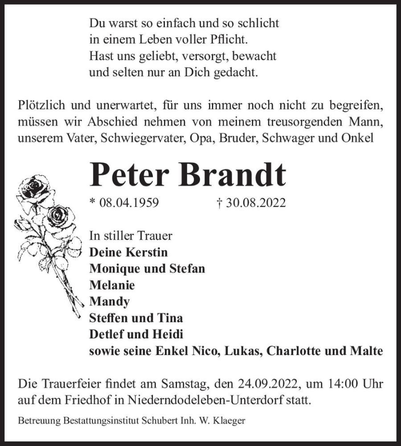  Traueranzeige für Peter Brandt  vom 17.09.2022 aus Magdeburger Volksstimme