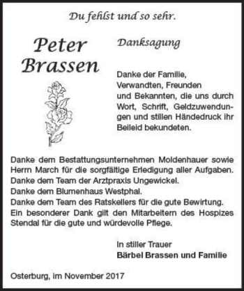 Traueranzeige von Peter Brassen  von Magdeburger Volksstimme