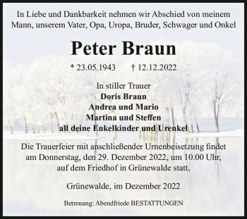 Traueranzeige von Peter Braun  von Magdeburger Volksstimme
