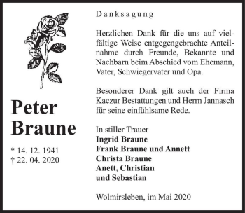 Traueranzeige von Peter Braune  von Magdeburger Volksstimme
