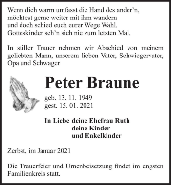 Traueranzeige von Peter Braune  von Magdeburger Volksstimme