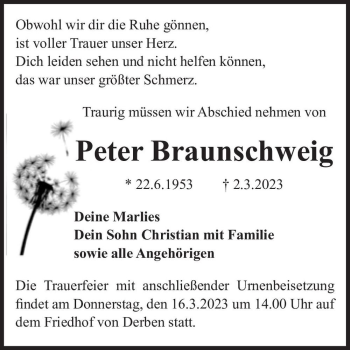 Traueranzeige von Peter Braunschweig  von Magdeburger Volksstimme