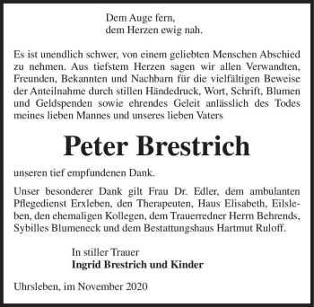 Traueranzeige von Peter Brestrich  von Magdeburger Volksstimme