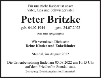 Traueranzeige von Peter Britzke  von Magdeburger Volksstimme
