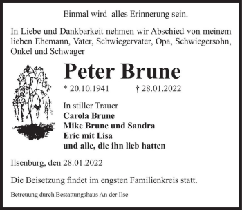 Traueranzeige von Peter Brune  von Magdeburger Volksstimme