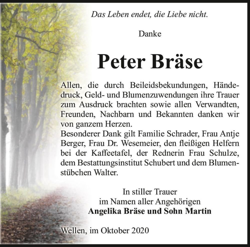  Traueranzeige für Peter Bräse  vom 30.10.2020 aus Magdeburger Volksstimme
