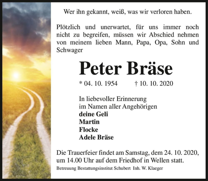  Traueranzeige für Peter Bräse  vom 17.10.2020 aus Magdeburger Volksstimme