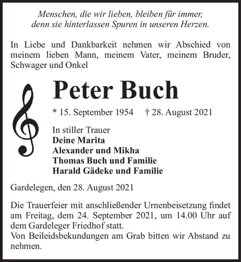  Traueranzeige für Peter Buch  vom 02.09.2021 aus Magdeburger Volksstimme