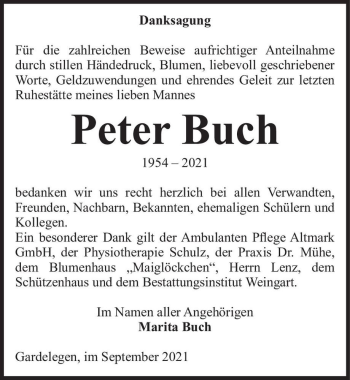 Traueranzeige von Peter Buch  von Magdeburger Volksstimme