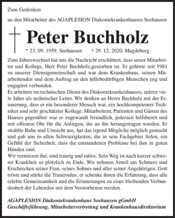 Traueranzeige von Peter Buchholz  von Magdeburger Volksstimme