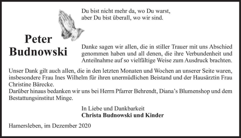  Traueranzeige für Peter Budnowski  vom 19.12.2020 aus Magdeburger Volksstimme