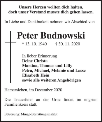 Traueranzeige von Peter Budnowski  von Magdeburger Volksstimme
