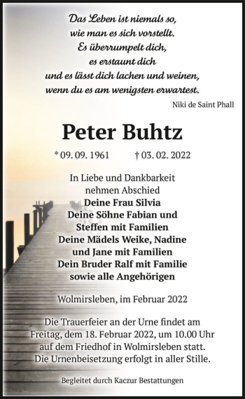 Traueranzeige von Peter Buhtz  von Magdeburger Volksstimme