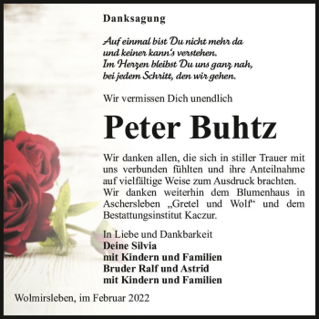 Traueranzeige von Peter Buhtz  von Magdeburger Volksstimme