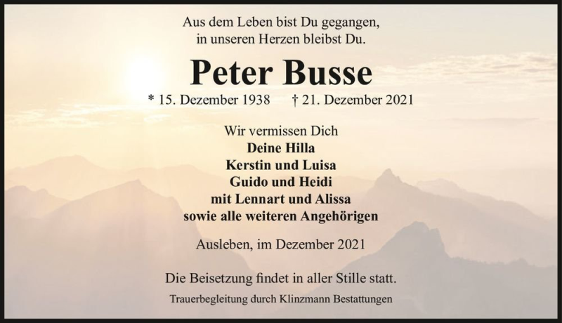  Traueranzeige für Peter Busse  vom 28.12.2021 aus Magdeburger Volksstimme