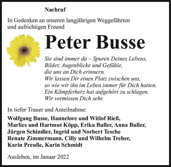 Traueranzeige von Peter Busse  von Magdeburger Volksstimme