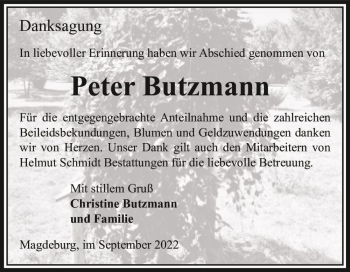 Traueranzeige von Peter Butzmann  von Magdeburger Volksstimme