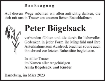 Traueranzeige von Peter Bögelsack  von Magdeburger Volksstimme
