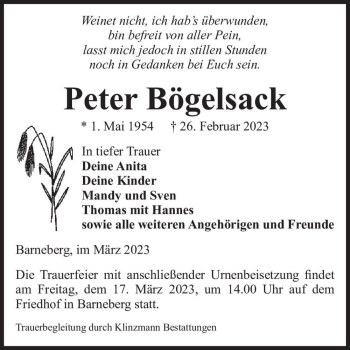 Traueranzeige von Peter Bögelsack  von Magdeburger Volksstimme