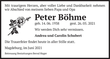 Traueranzeige von Peter Böhme  von Magdeburger Volksstimme