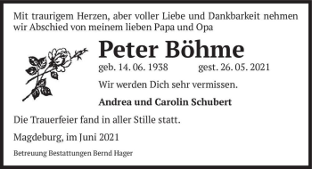 Traueranzeige von Peter Böhme  von Magdeburger Volksstimme