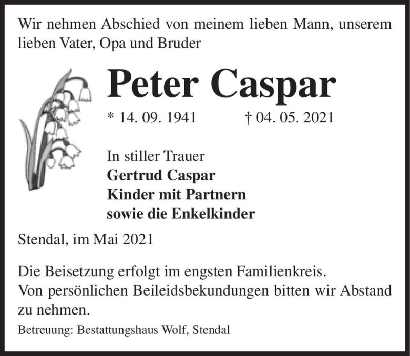  Traueranzeige für Peter Caspar  vom 08.05.2021 aus Magdeburger Volksstimme