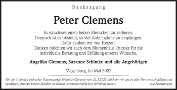Traueranzeige von Peter Clemens  von Magdeburger Volksstimme