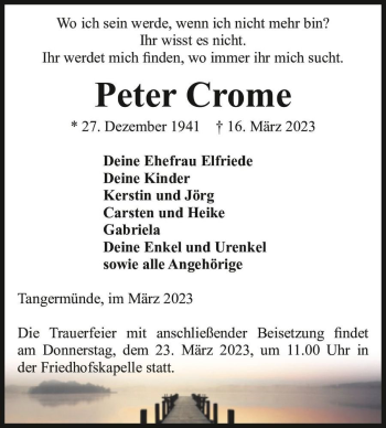 Traueranzeige von Peter Crome  von Magdeburger Volksstimme