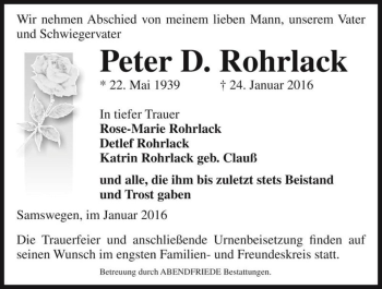 Traueranzeige von Peter D. Rohrlack  von Magdeburger Volksstimme