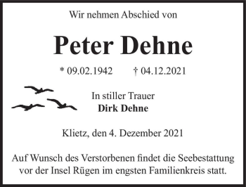 Traueranzeige von Peter Dehne  von Magdeburger Volksstimme