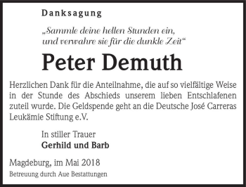 Traueranzeige von Peter Demuth  von Magdeburger Volksstimme