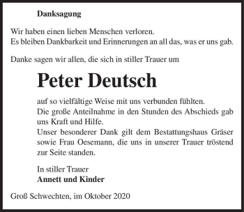 Traueranzeige von Peter Deutsch  von Magdeburger Volksstimme